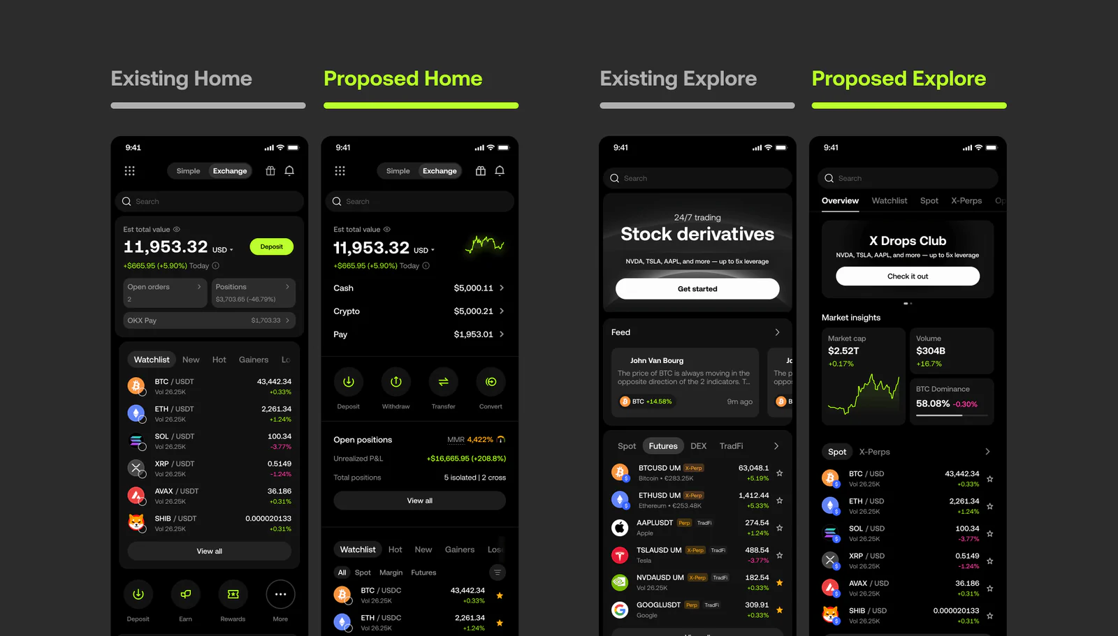 Existing against proposed, tab by tab: Home, Explore and Activity — 1 of 2