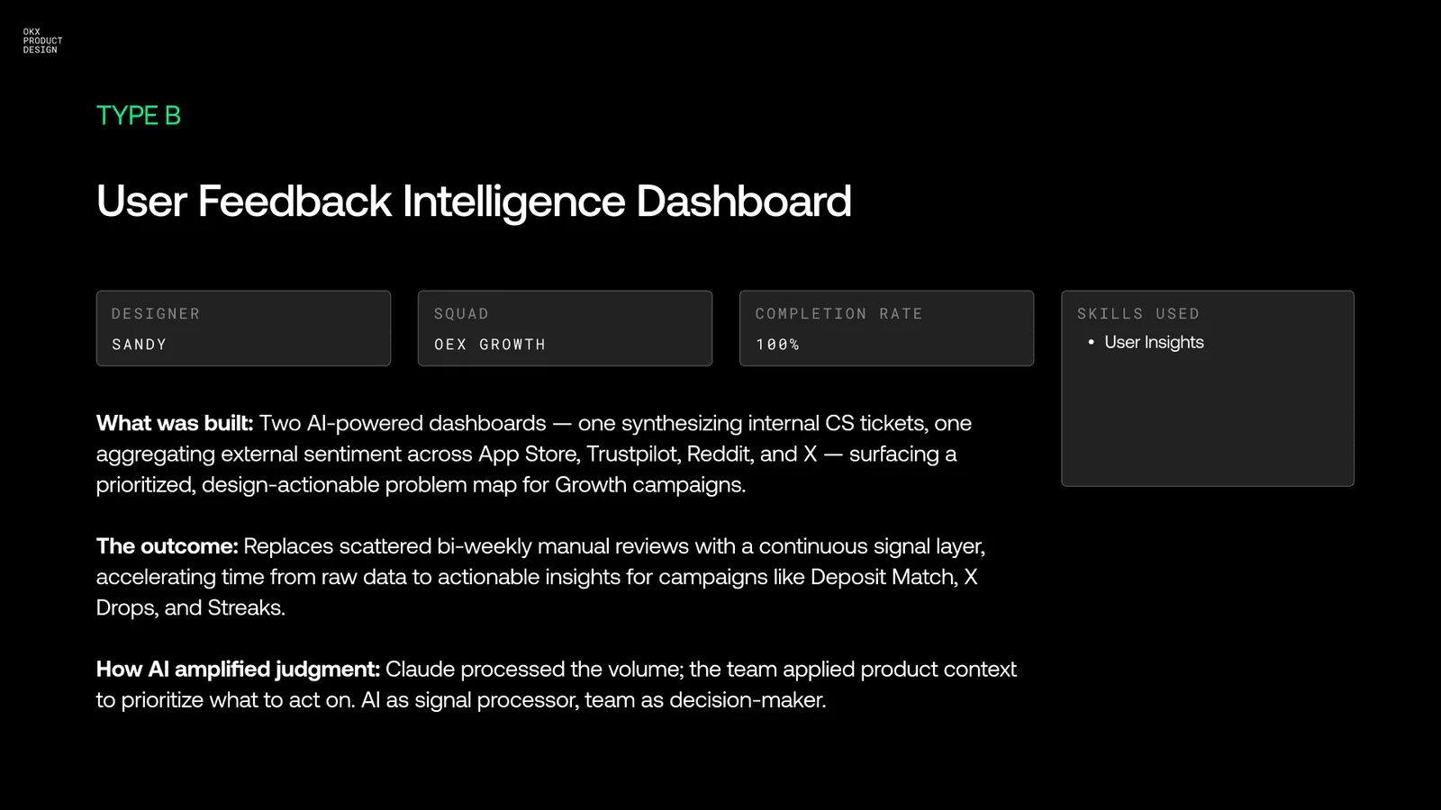 OKX Autopilot, iOS QA, the Embedded Critique Partner, and the feedback dashboard behind the Exchange Mode revamp — 5 of 6