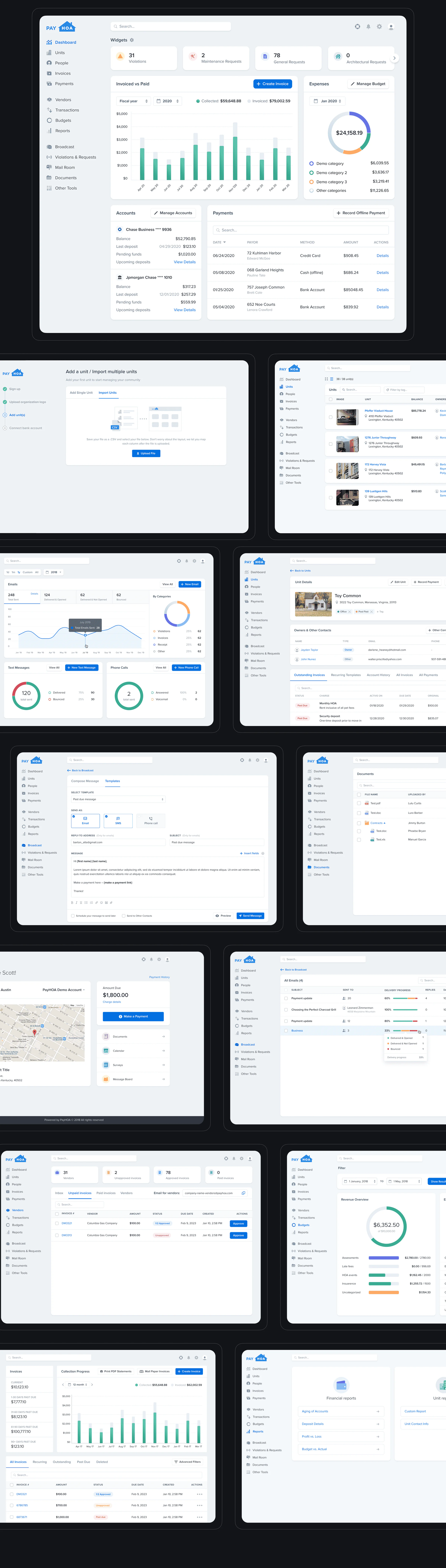 The shipped PayHOA product — dashboard, invoicing, communications and compliance screens